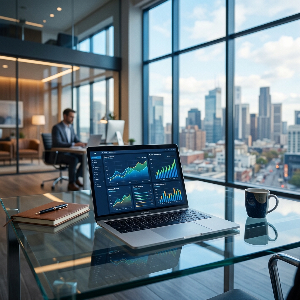 Professional financial consulting workspace with laptop and data charts